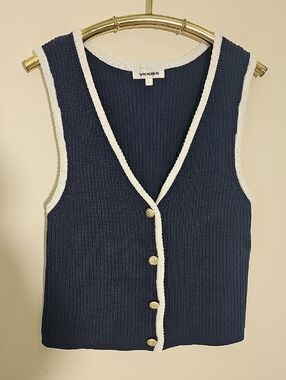 VIGOSS Navy Knit Gold Button Front Vest with White Trim. Size Large